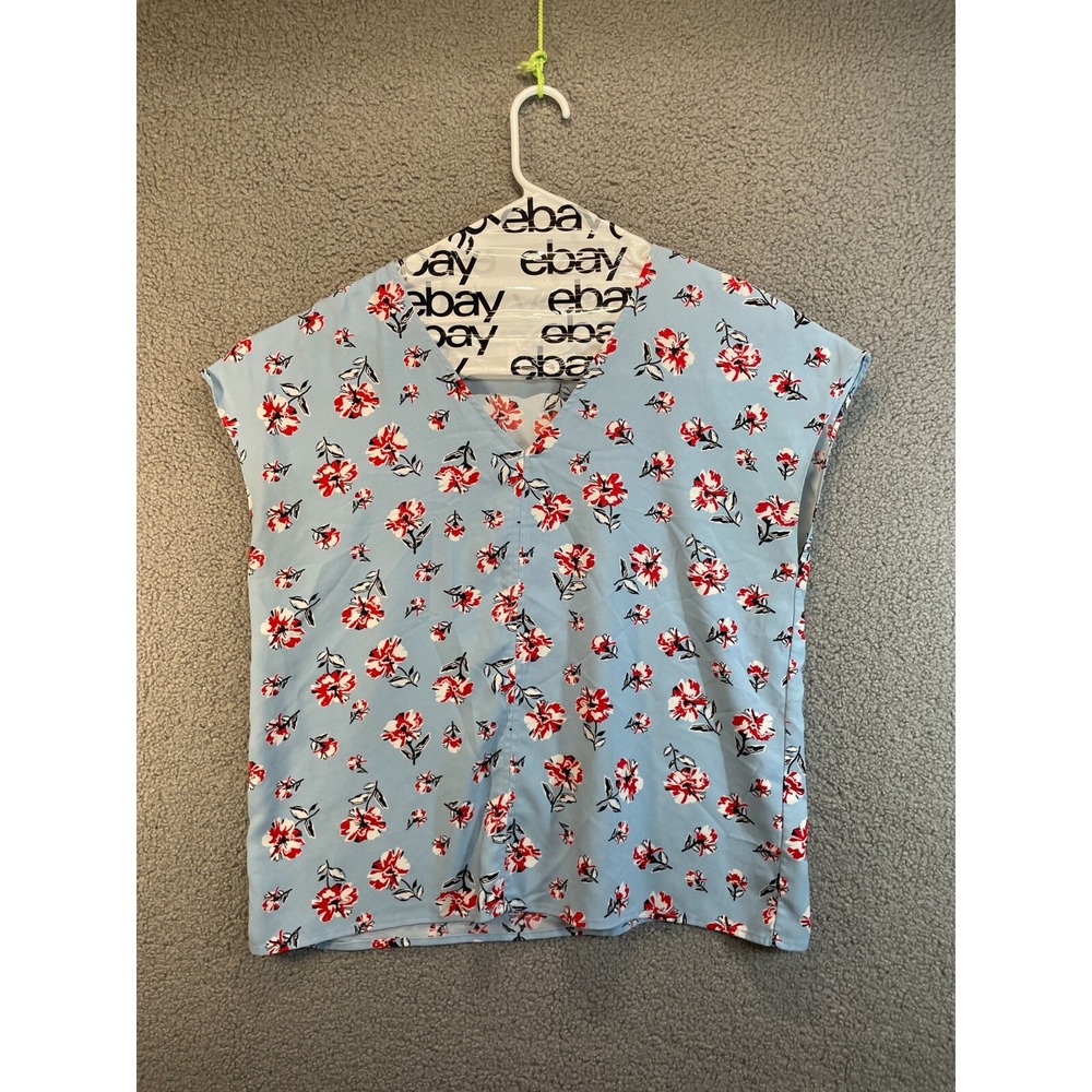 Hilary Radley Shirt Top‎ Women Large Blue Floral Combo Short Sleeve